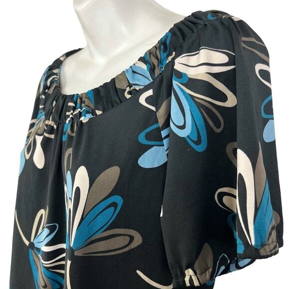 Ann Taylor Loft Blue Black Floral Shift Style Jersey Knit Stretch Dress sz Small - Picture 5 of 16